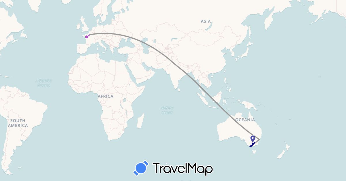 TravelMap itinerary: driving, plane, train in Australia, France, India (Asia, Europe, Oceania)